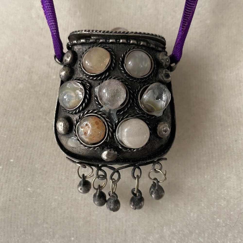 UNIQUE Bronze Pill Box Necklace w/Gemstones and Ribbon Necklace